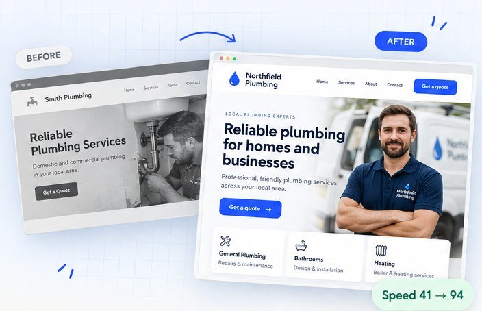 Before and after: an outdated plumbing website redesigned into a modern one, speed score 41 to 94