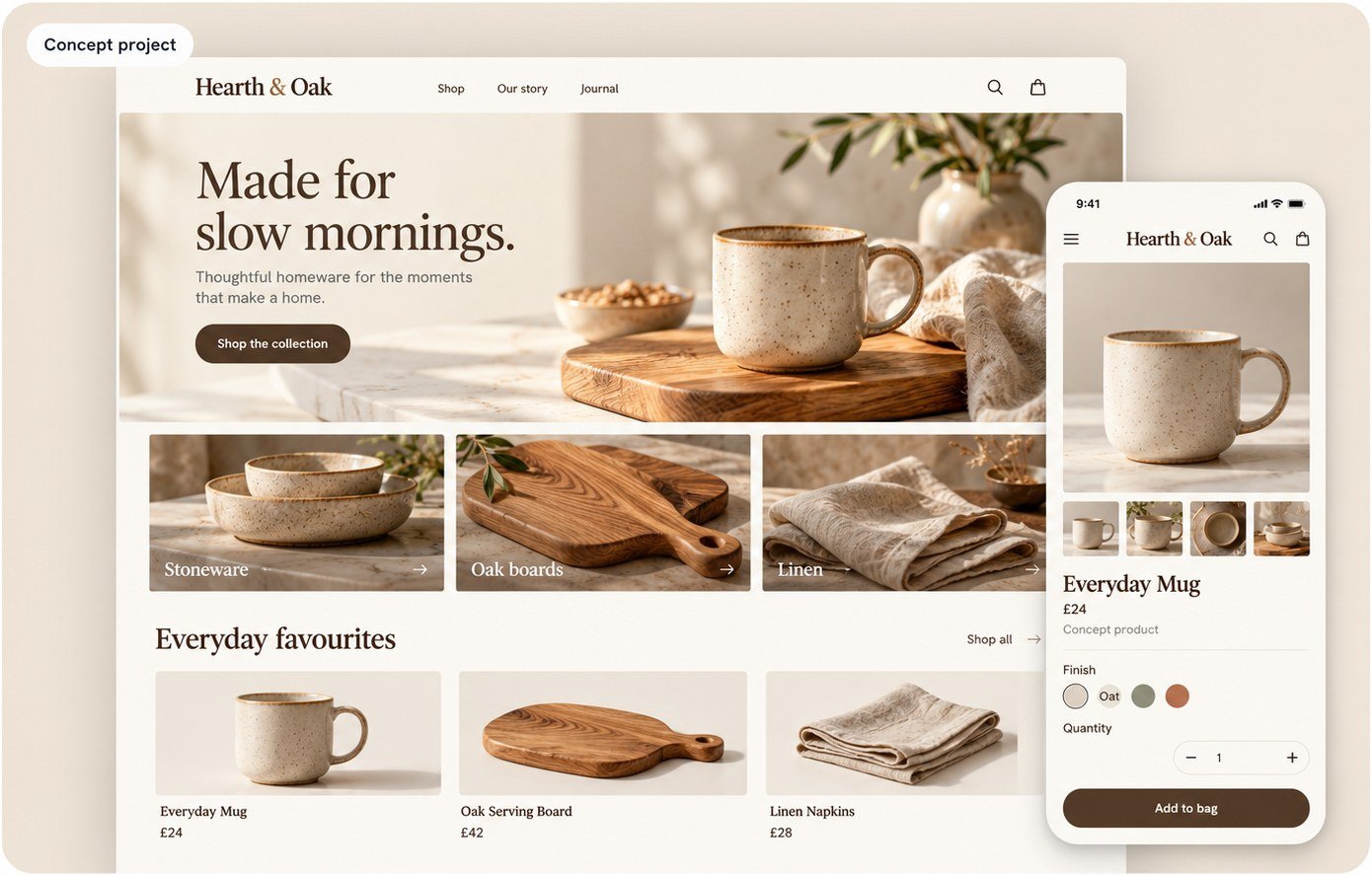 Hearth & Oak concept: desktop and mobile website design